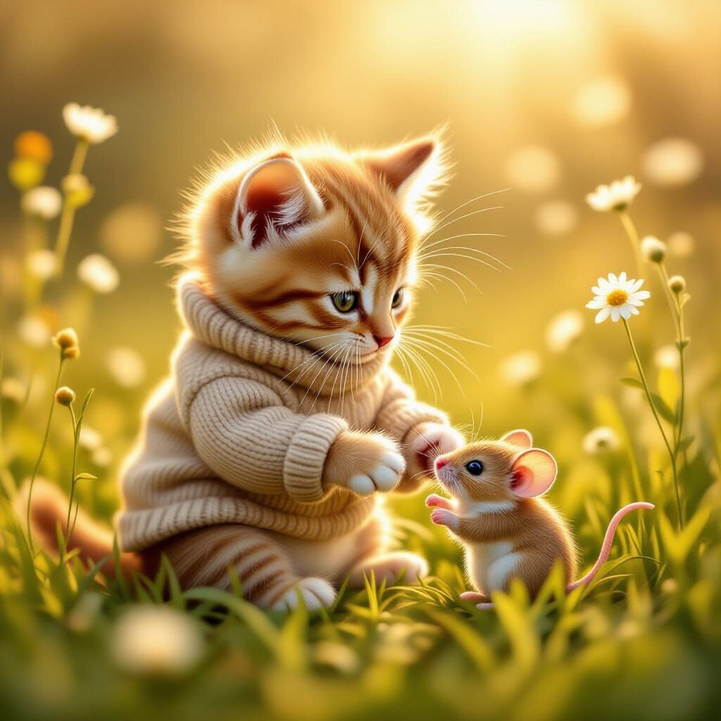 Kitten Plays with Mouse in Sunlit Meadow