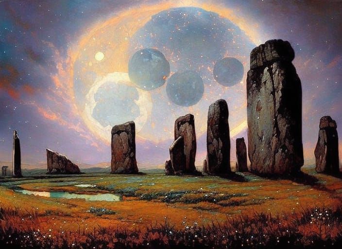 Glowing Stonehenge at Night with Moon and Galaxy