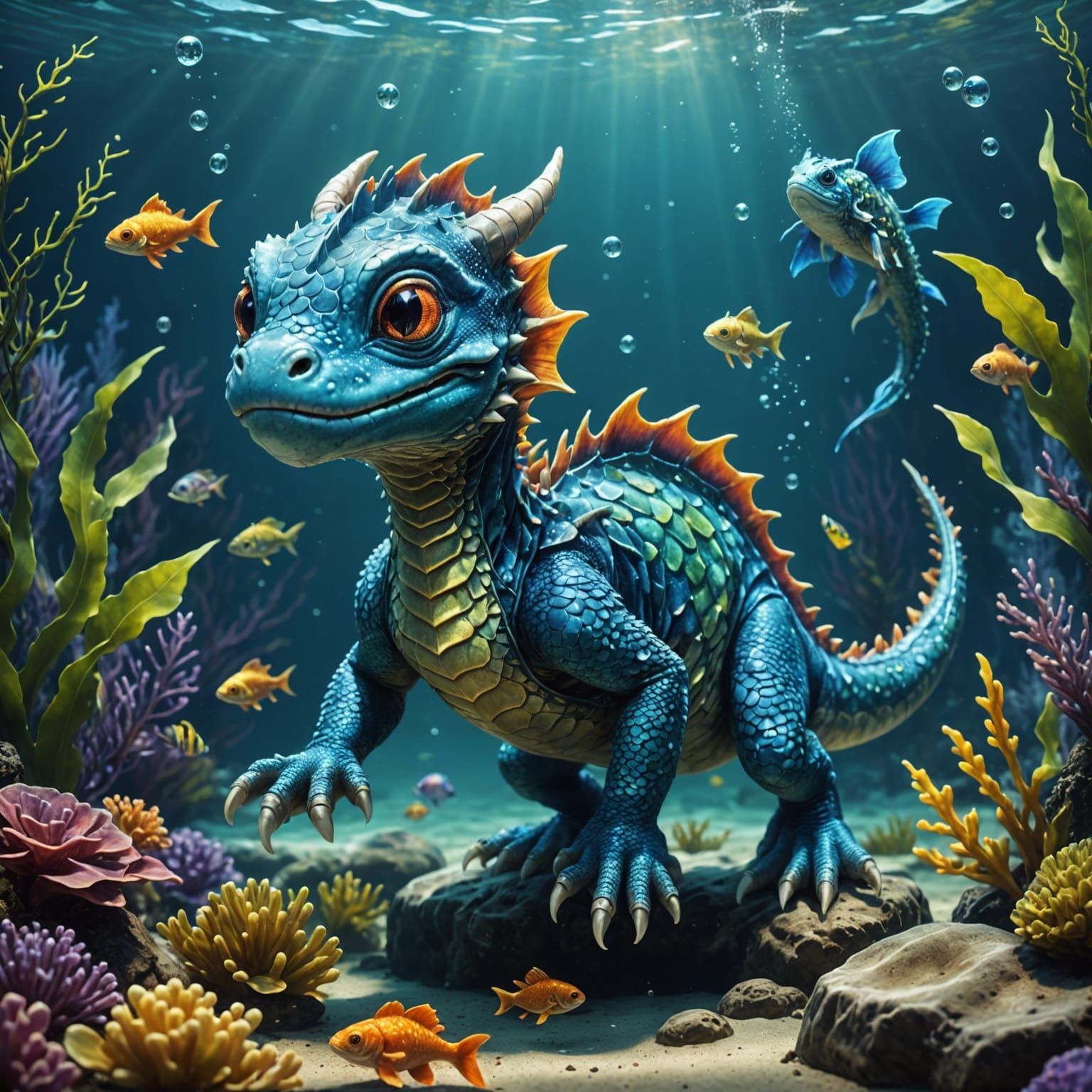 Vibrant Baby Dragon Amidst Underwater Whimsy