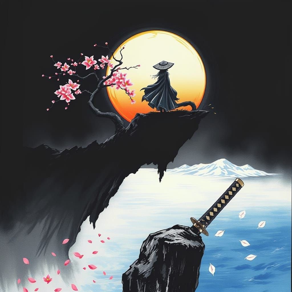 Skilled Pen Drawing of a Samurai on a Dark Island