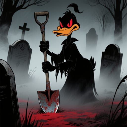 Daffy Duck as Gothic Horror Character in Graveyard