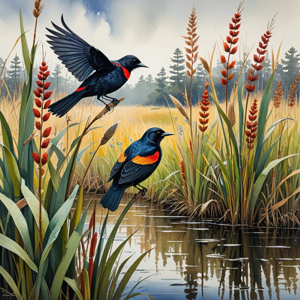 Vintage Watercolor of a Red Winged Blackbird in a Swamp