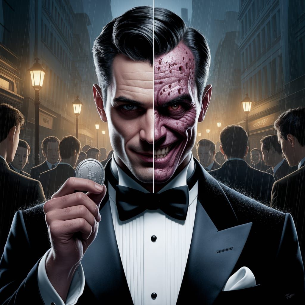 Duality: A Man's Split Face in the Rain