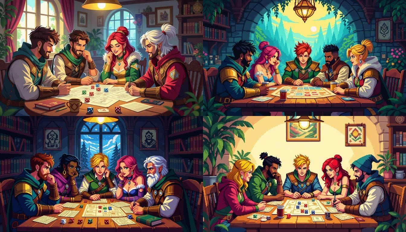 Diverse Group Roleplaying: 8-bit Pixel Art Illustration