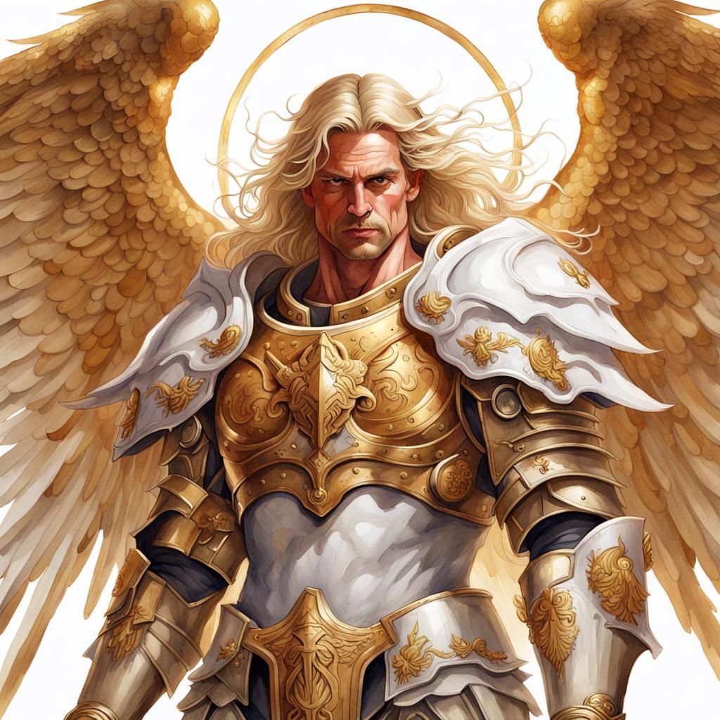 Renaissance Watercolor of Angelic Figure in Gold