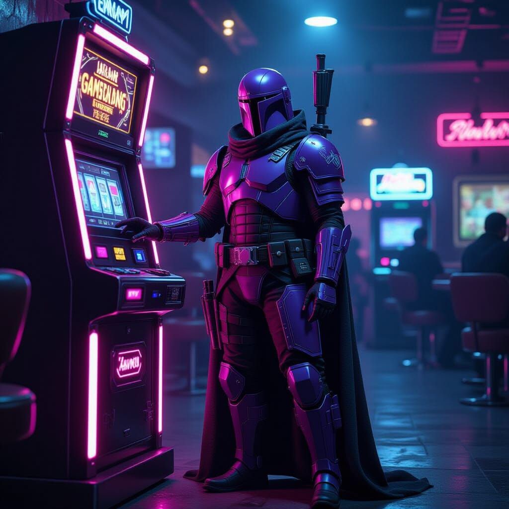 Purple Armored Bounty Hunter in Cyberpunk Casino