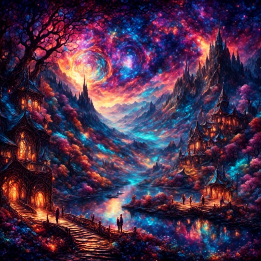 Cosmic Playground with Epic Skies: Stained Glass Style