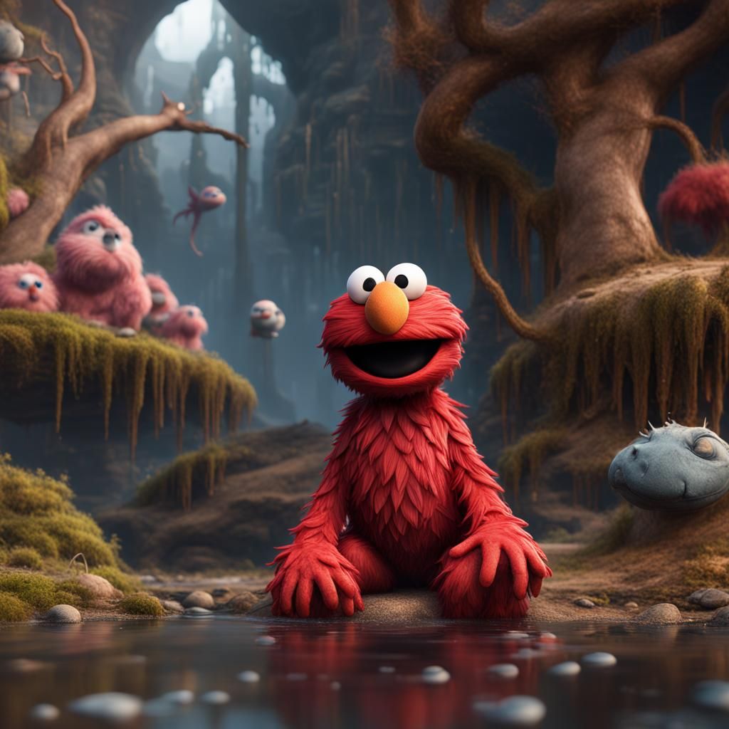 Hairless Elmo with Clungus: Detailed Matte Painting