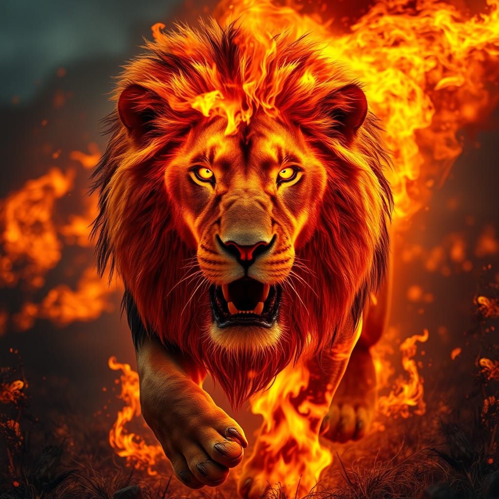 Surreal Lion in Flames, Photorealistic Diorama, Deep Colors,...