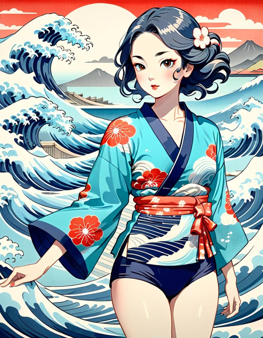 Ukiyo-e Woman in Swimwear by Ocean Waves