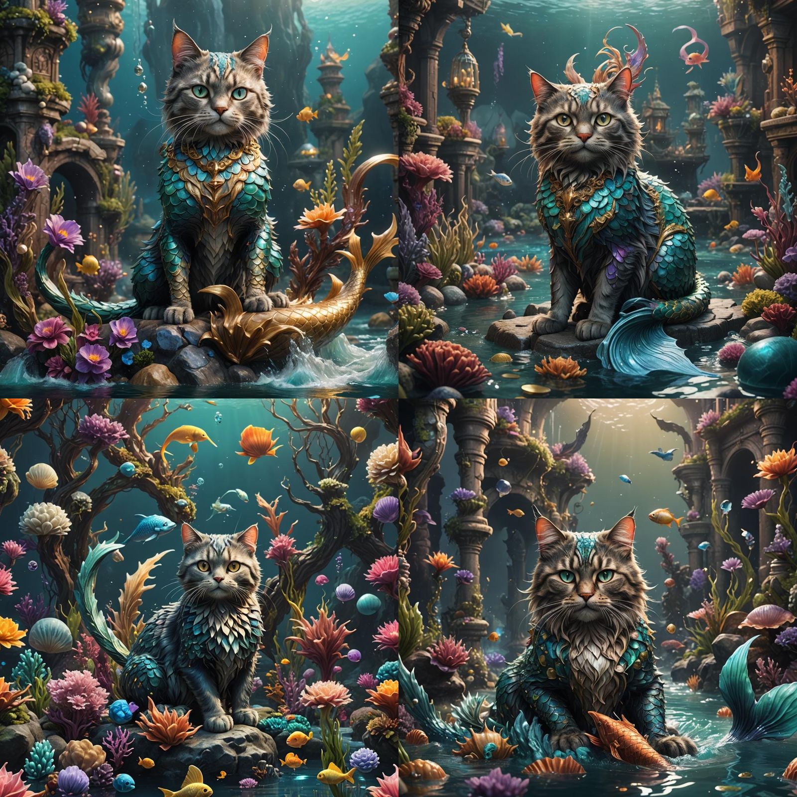 Fantastical Cat Mermaid in Deep Color