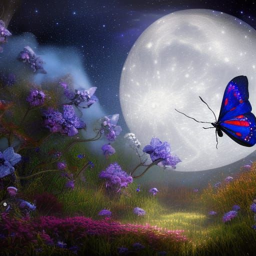 Blue Butterfly in Starry Night Sky: Fantasy Art