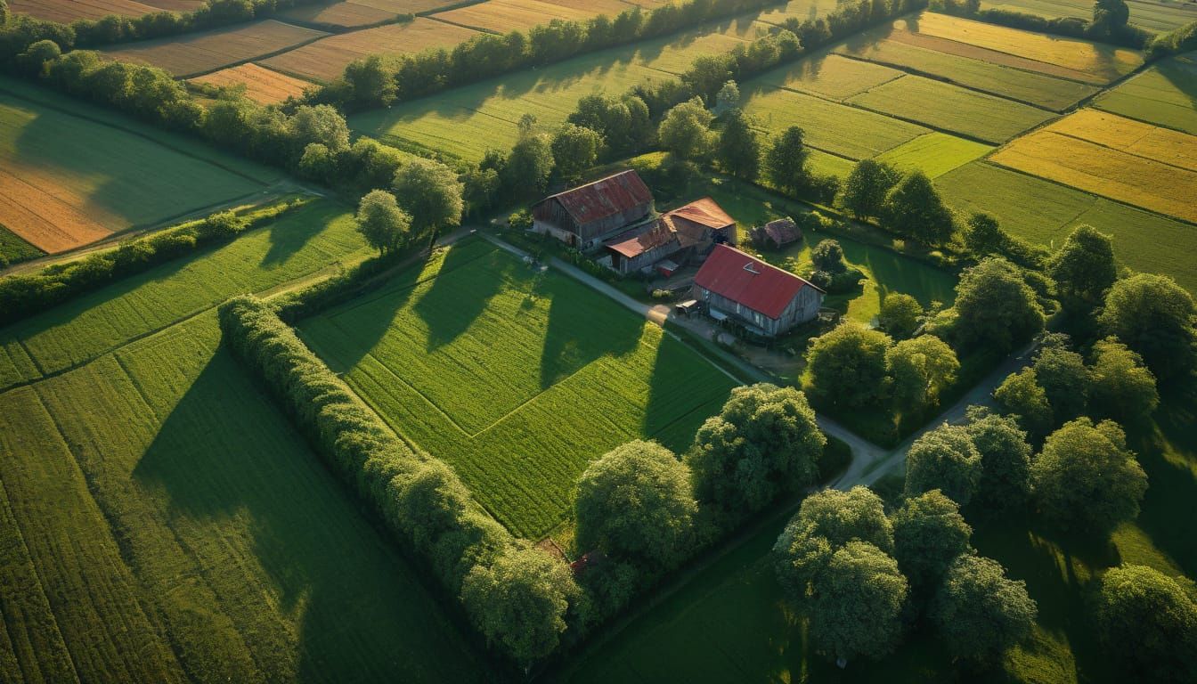 Rustic Countryside Landscape with Farmland and Farmhouse