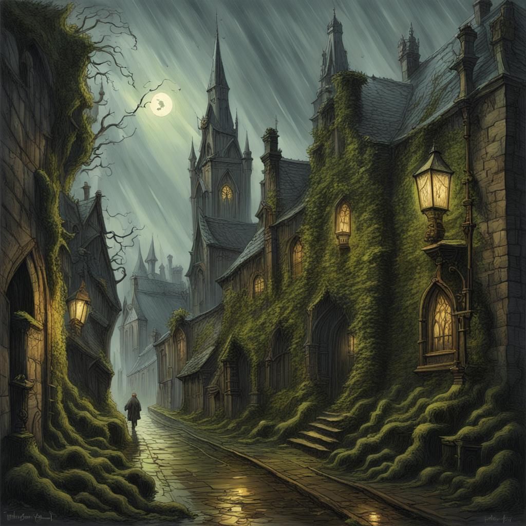 Rainy Gothic Town with Ivy and Moss