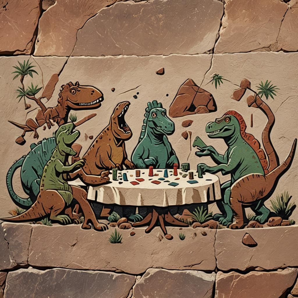 Dinosaurs Play Poker in Vintage Cartoon Style