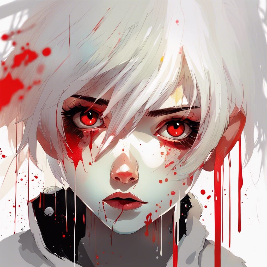Anime Portrait with Red and Gold Paint Drips