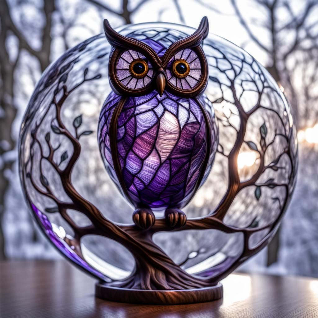 Stained Glass Owl Sculpture in Glass Globe
