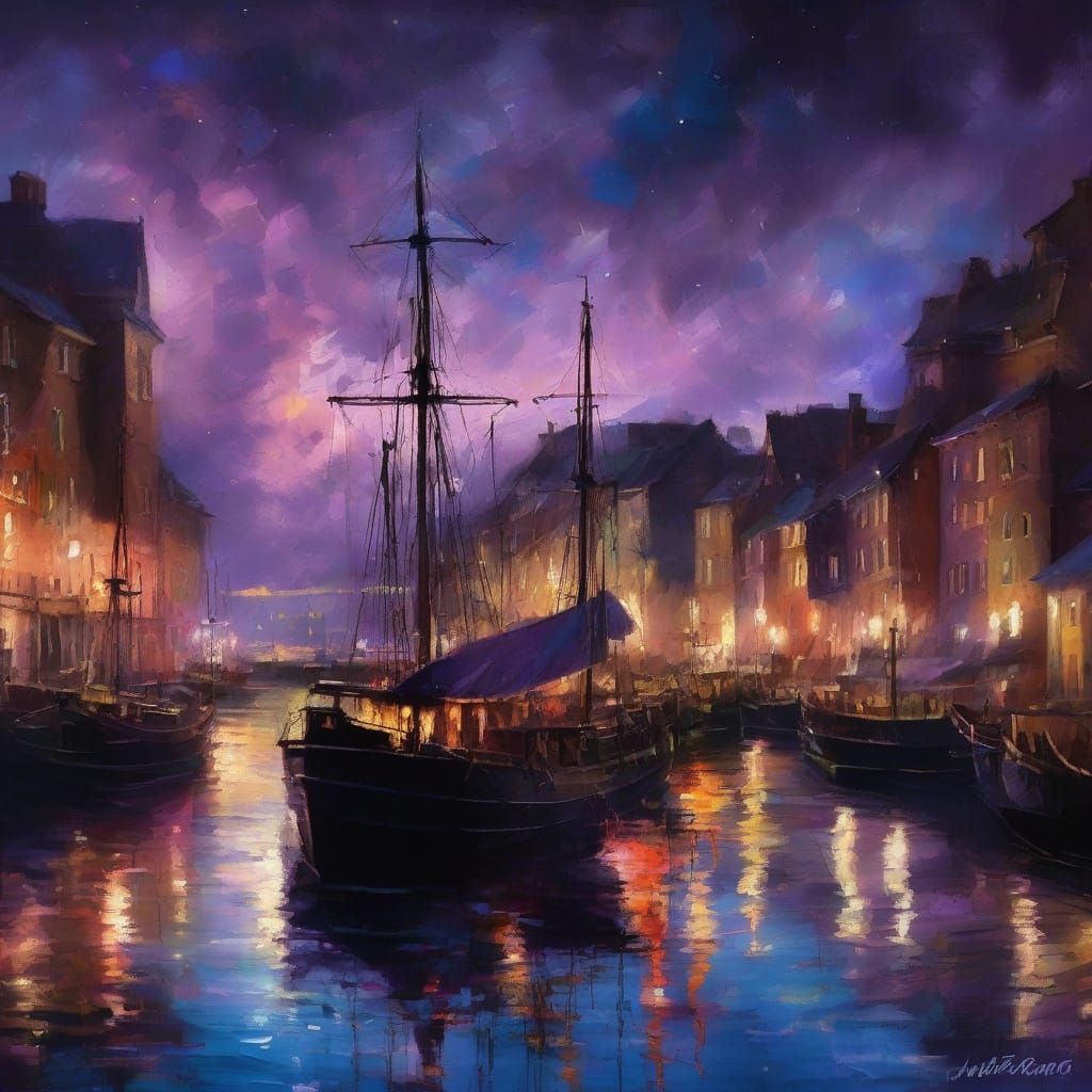 Vibrant Neo-Impressionist Harbour Scene