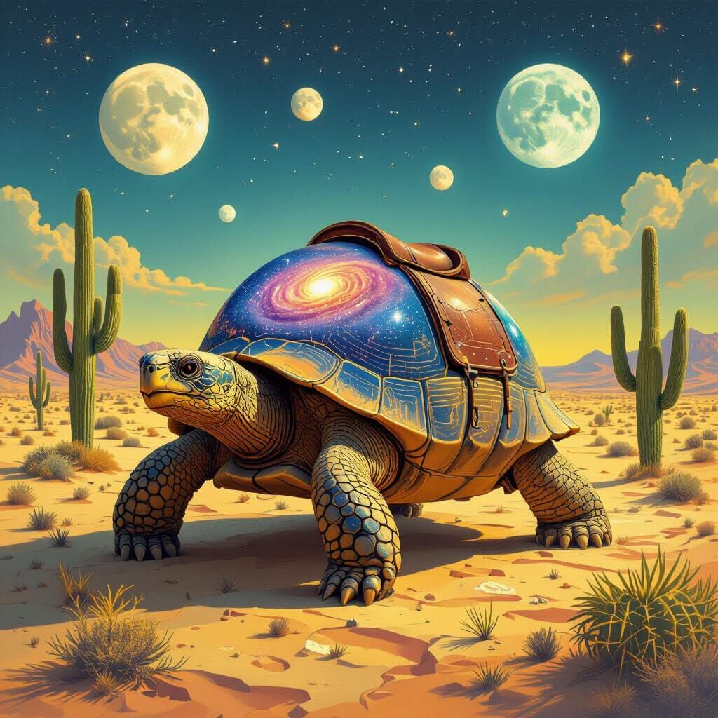Surreal Galaxy Tortoise Journey Through Desert