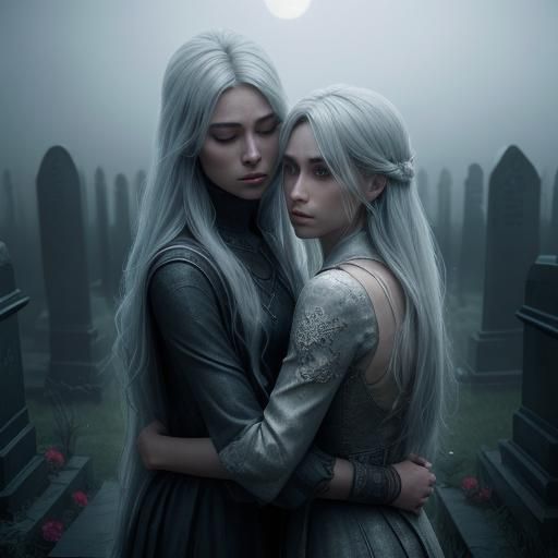 Girls Embrace at Parents' Graves in Ash Thorp Style