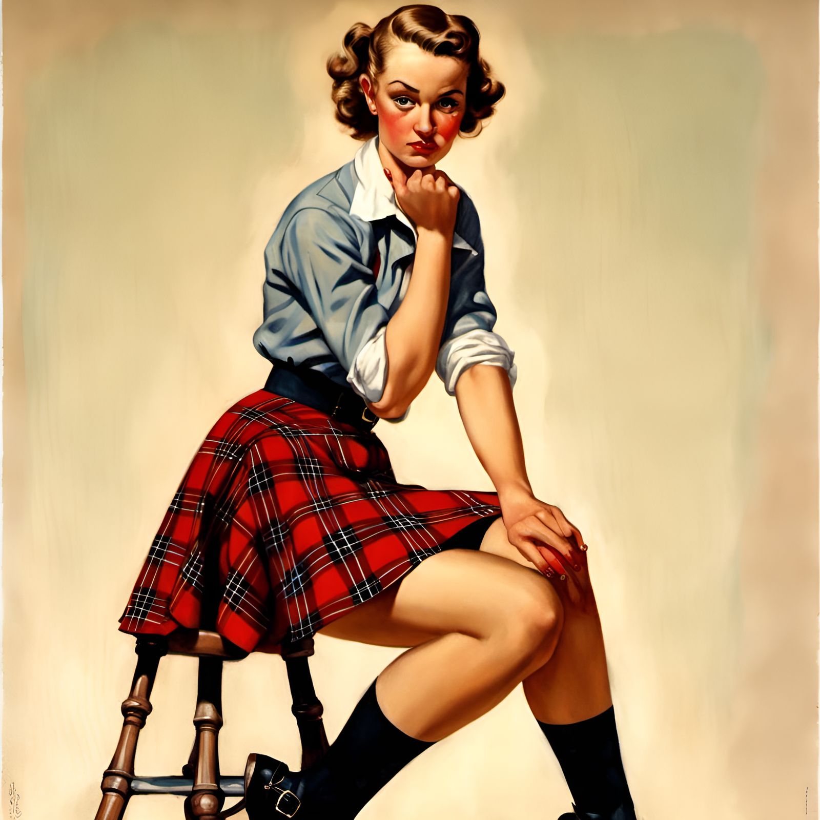 Sad Woman in Plaid Skirt, Vintage Pin-Up Art