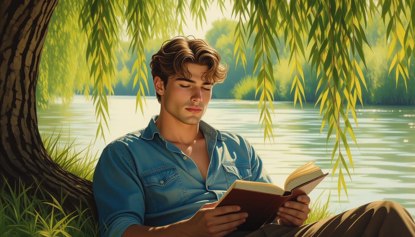Man Reading by Riverbank in Dynamic Sunlight