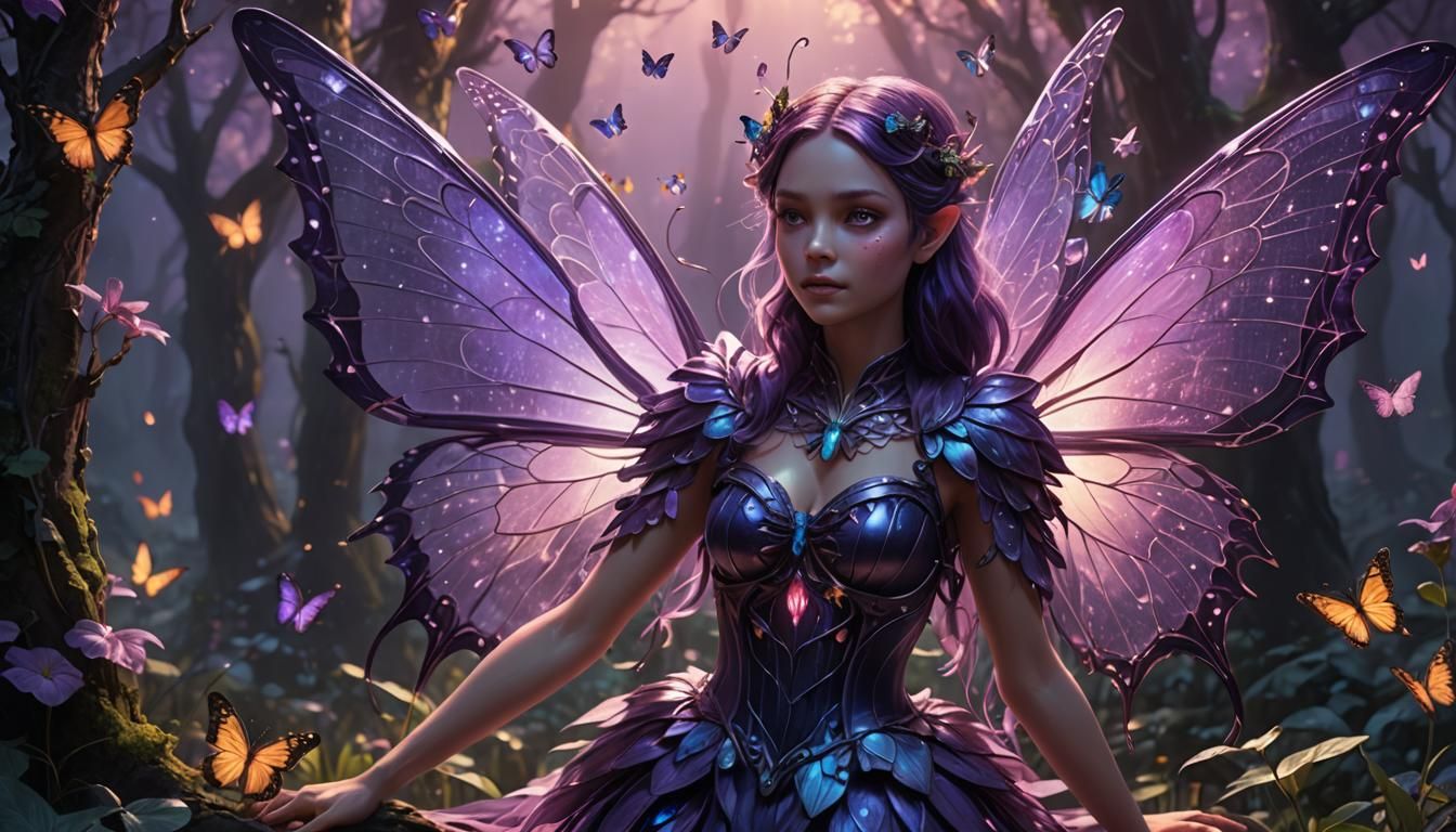 Spectral Fairy with Butterfly Wings in Purple Light