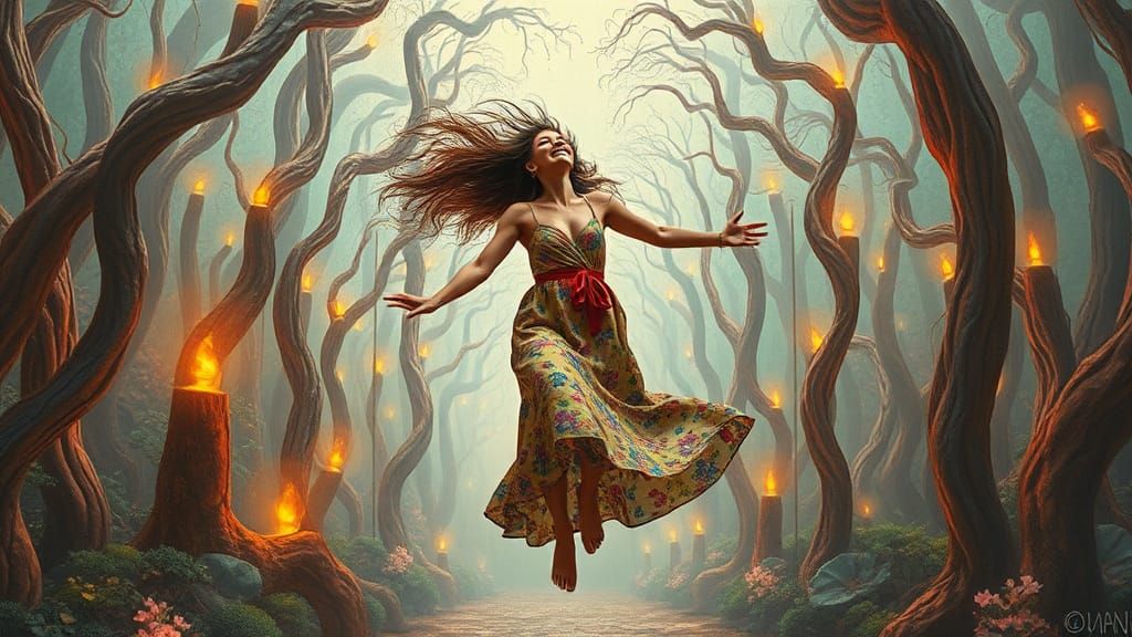 Joyful Woman Floats Through Surreal Glass Forest