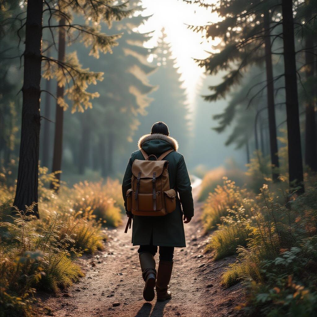 Hiker on Forest Path to Mountains: Realism