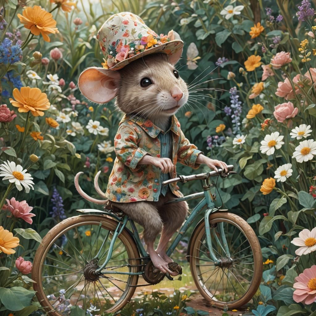 Mouse Rides Bicycle Through Whimsical Flower Garden