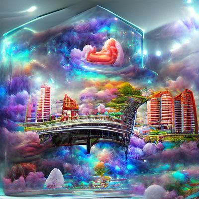 Cosmic Fantasy Cityscape in Holographic Illustration