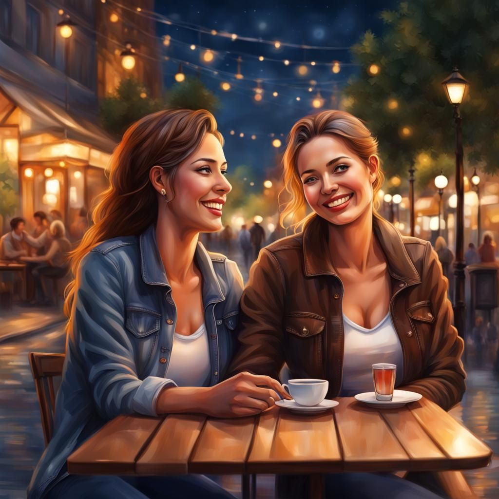 Hide hands, lesbian couple, confident smiles, outdoor cafe, ...