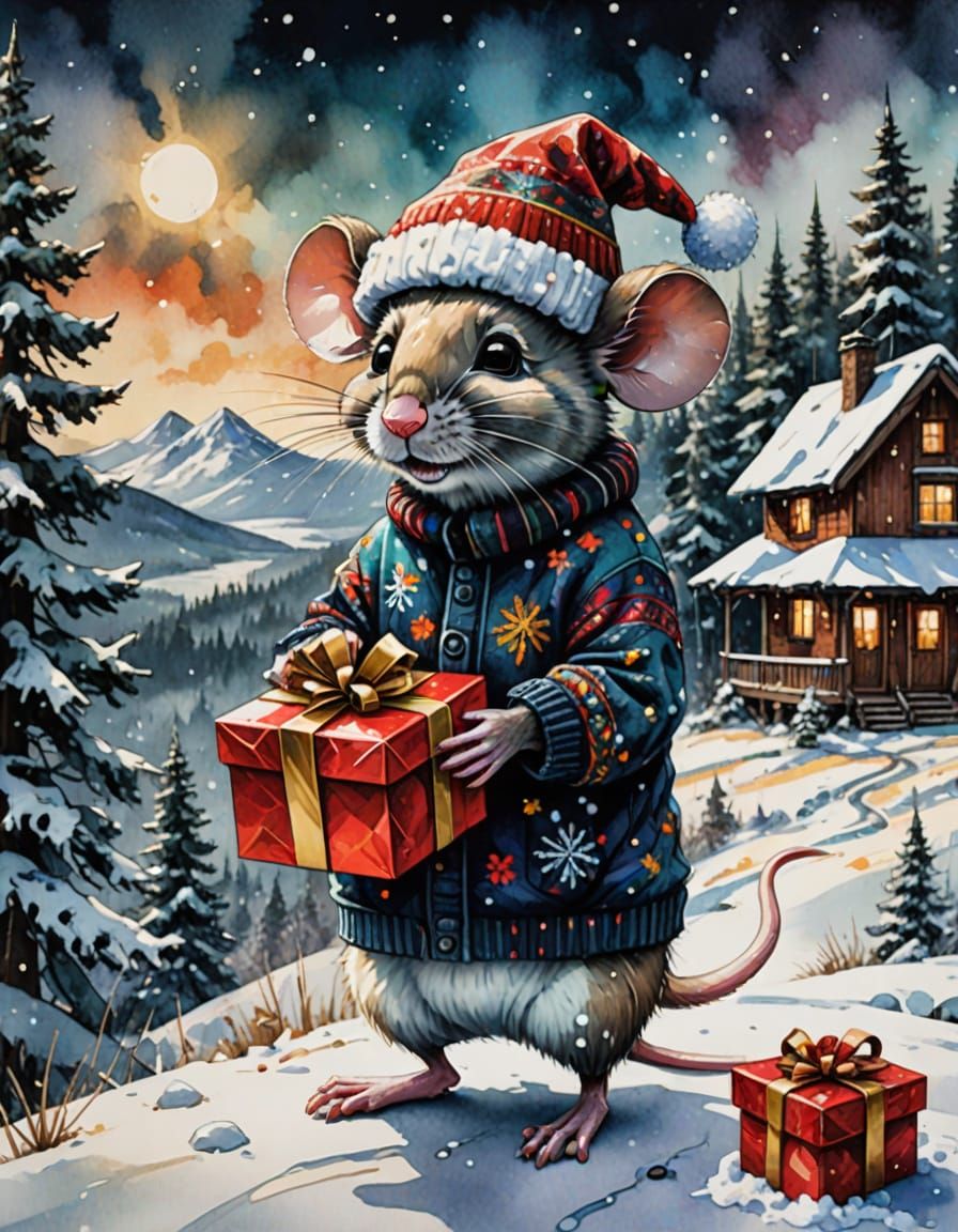 Cute Mouse in Snowy Wonderland with Gift