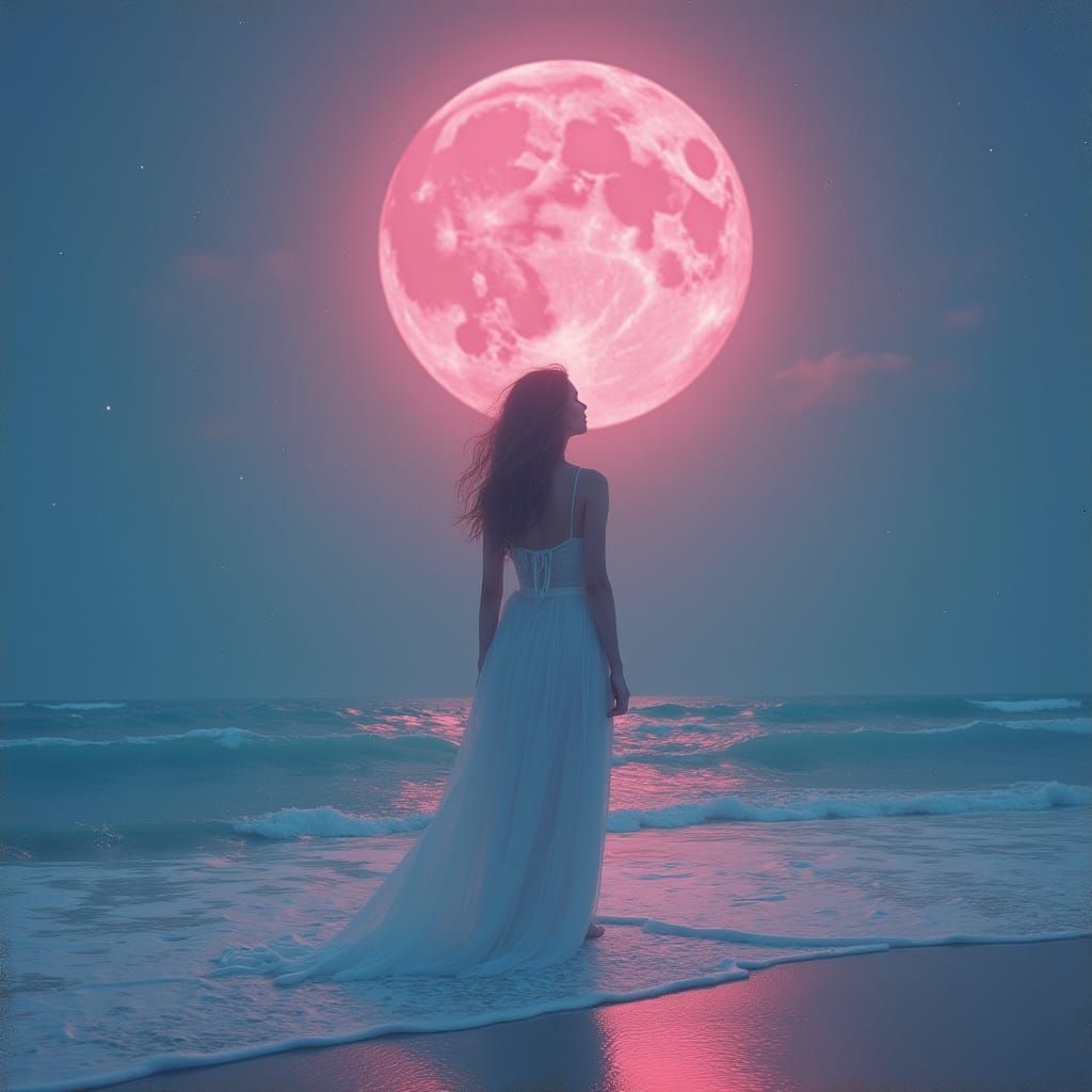 Serene Woman Under Pink Moonlight