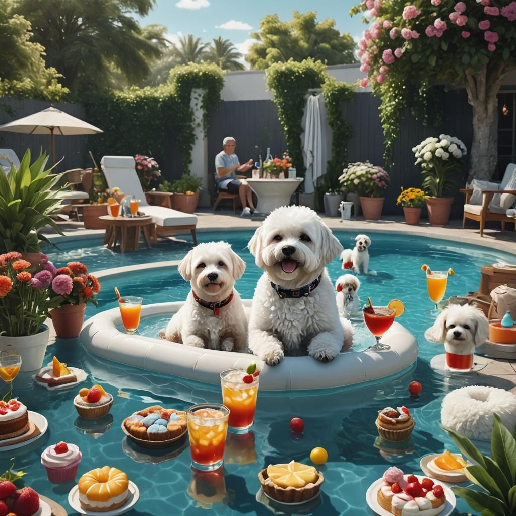 Dogs in a Pool: Luxurious Matte Painting
