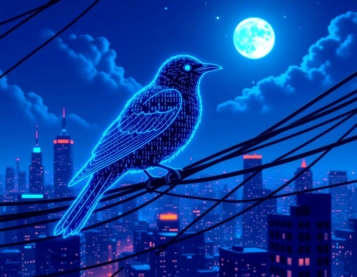Cyberpunk Holographic Bird of Code Above City