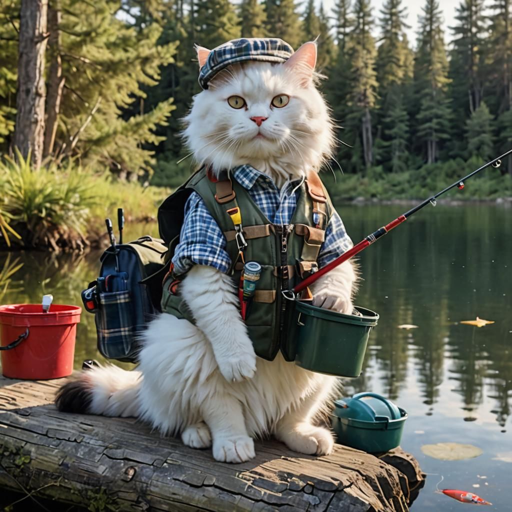 Cat Fisherman by Serene Lake, Digital Art