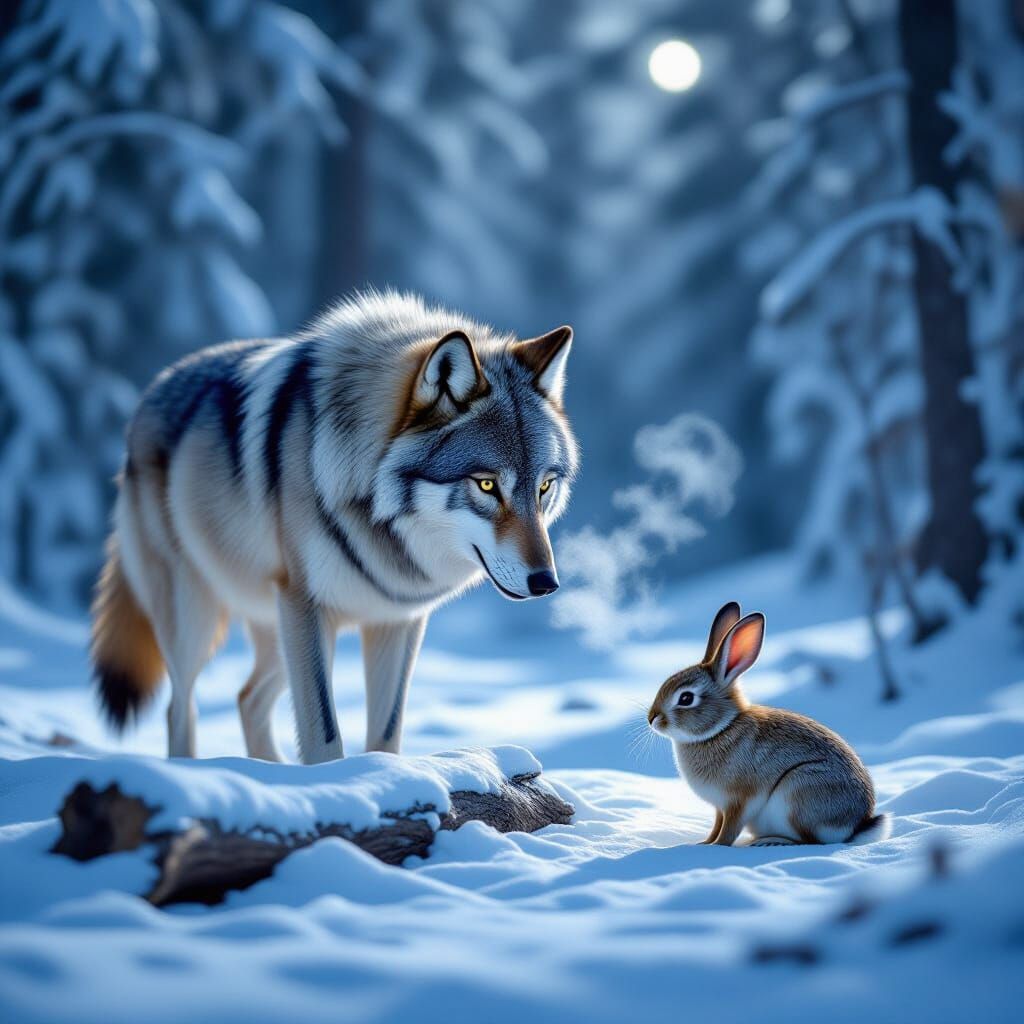Lone Wolf Stalks Rabbit in Snowy Forest Moonlight