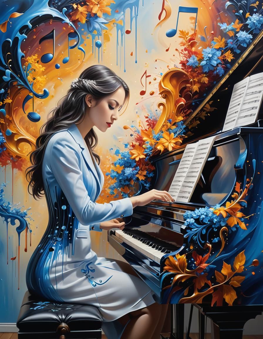 Hyperrealistic Oil Painting of Pianist in Nature