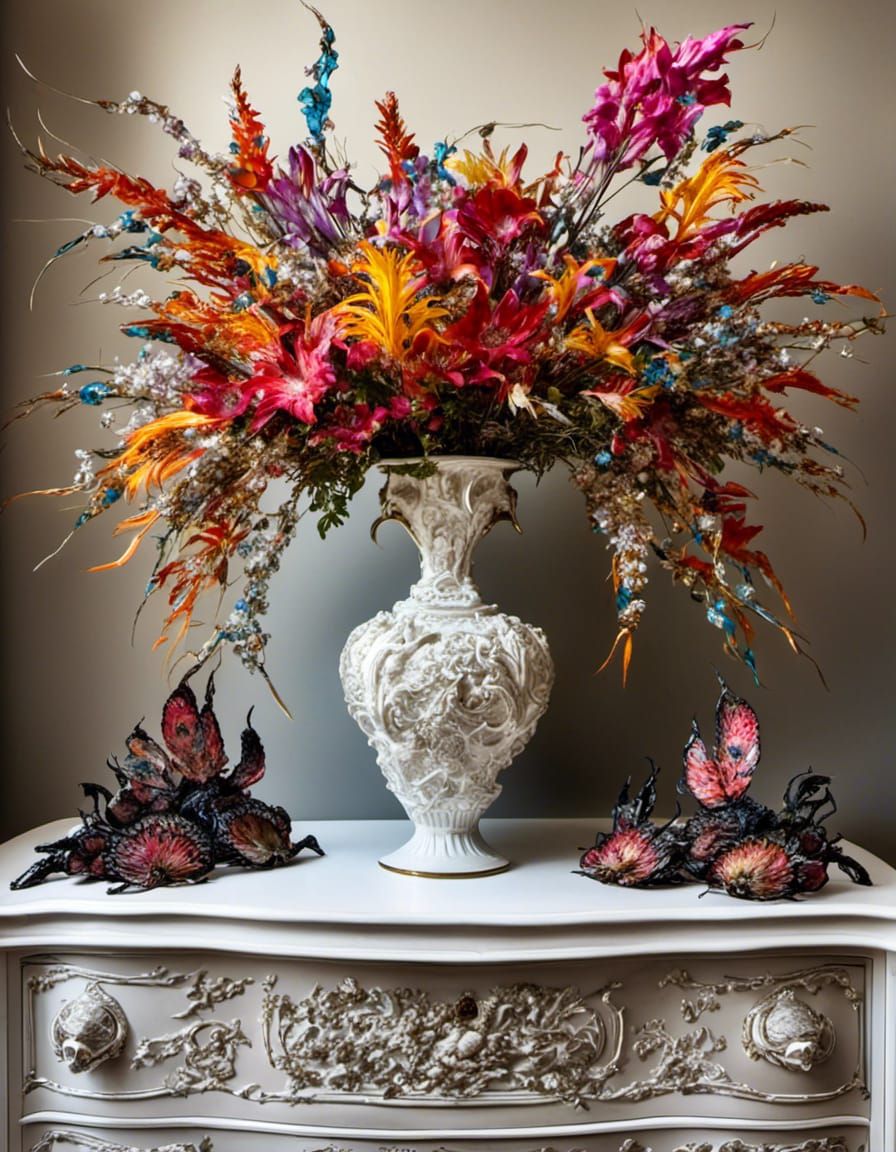 Japanese Vase with Dragonflowers in Giger Style