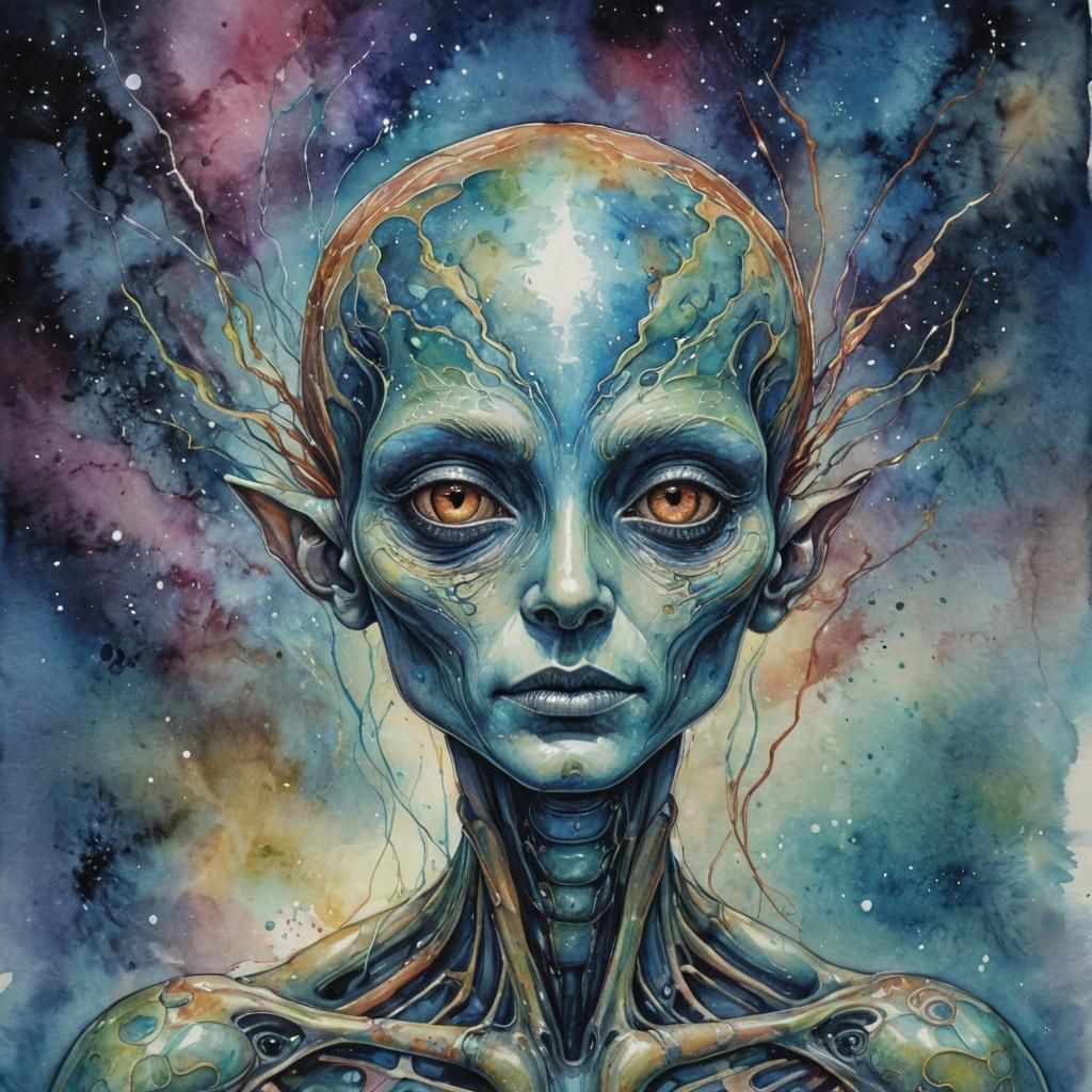 Surreal Alien Portrait in Watercolor and Ink