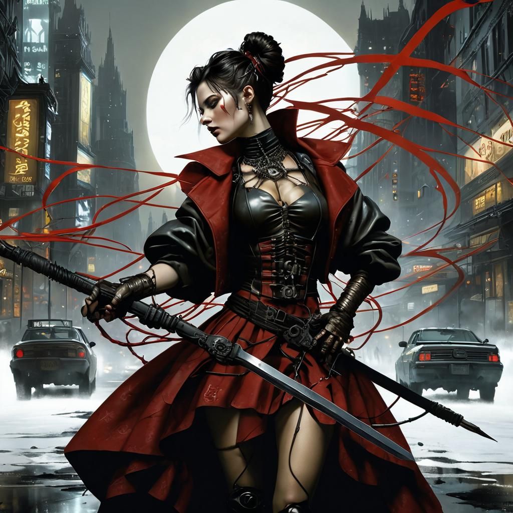 Cyberpunk Replicant Woman in Synthwave Cityscape