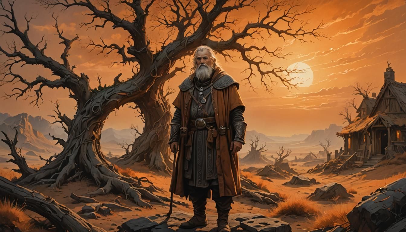 Norse Elder in Ancient Settlement: Mystical Realism