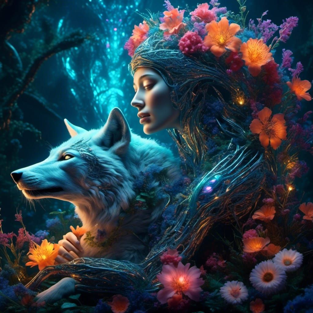 Bioluminescent Lady with Totem Wolf in Magical Scenery