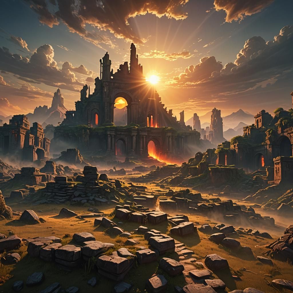 Blazing Sun Rising Over Mystical Landscape