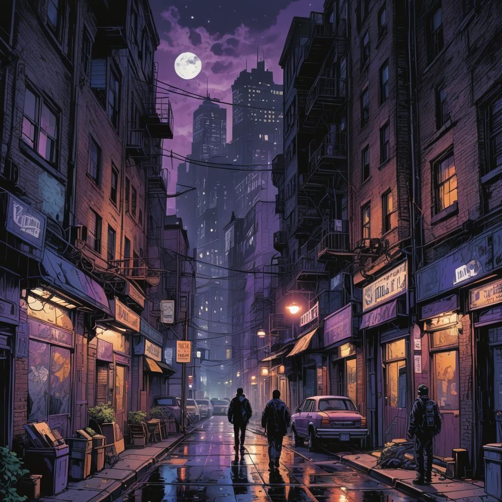 Dark Cityscape Street Scene in Comic Book Style