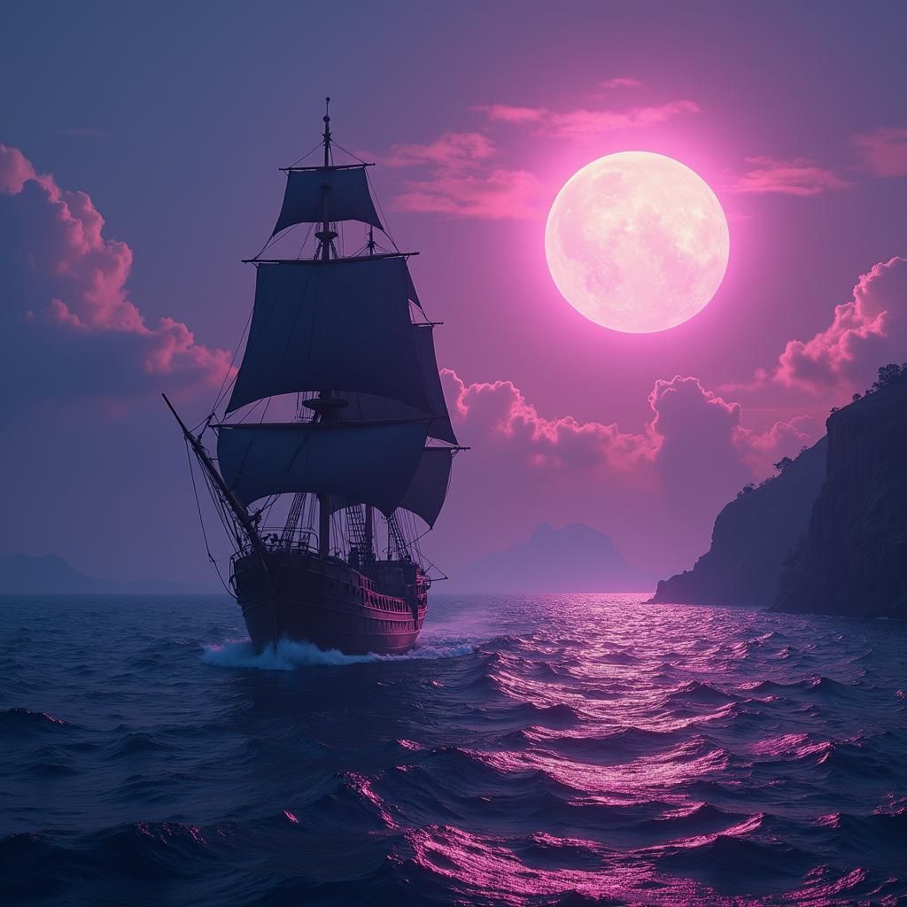 Pirates Ship in Purple Sunlight: Romantic Seascape
