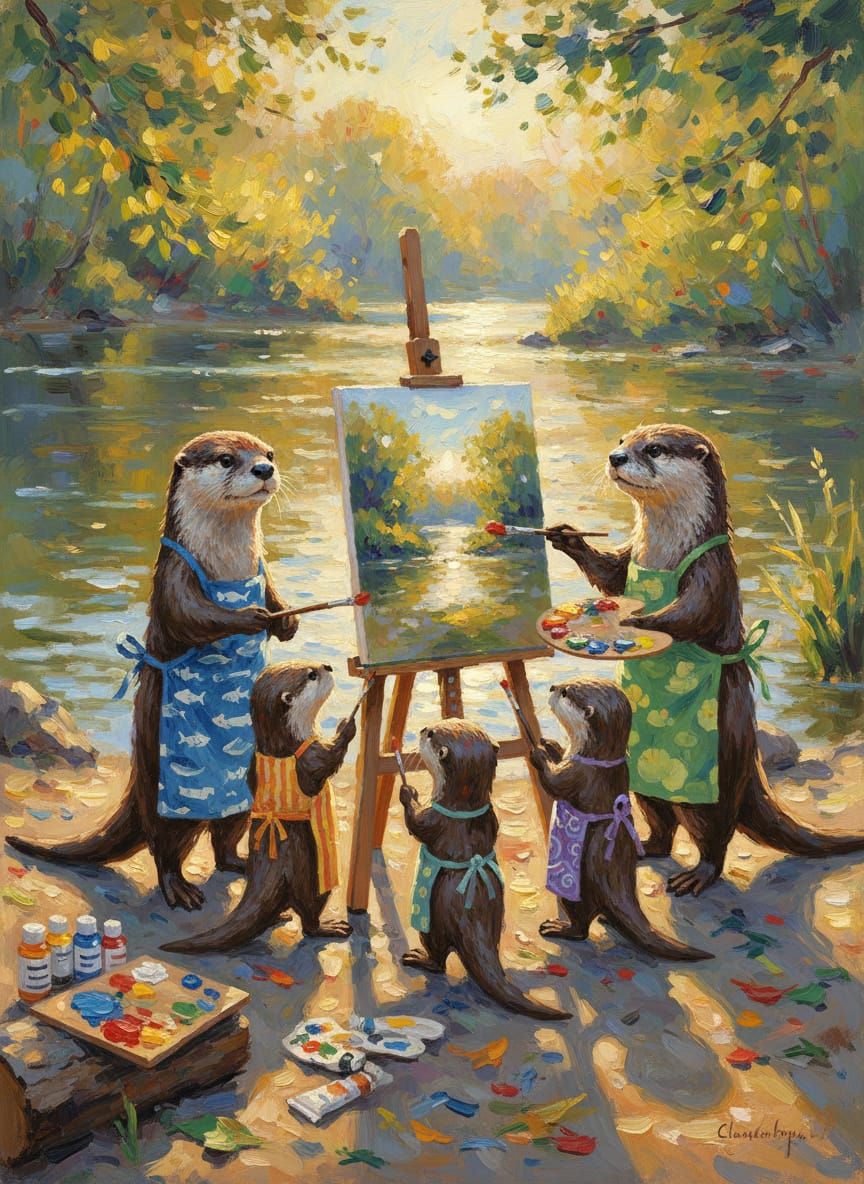 Playful Otters Painting by Riverbank in Golden Hour Light