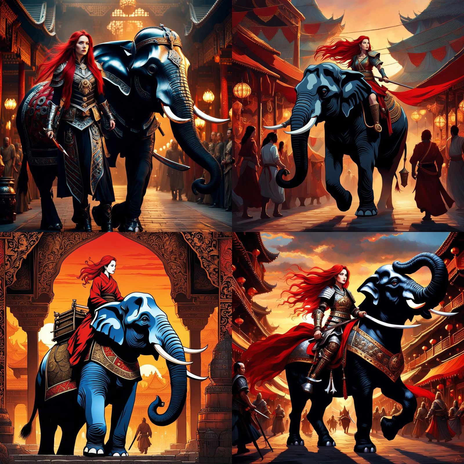 Gothic Samurai Woman Rides Elephant at Sunset