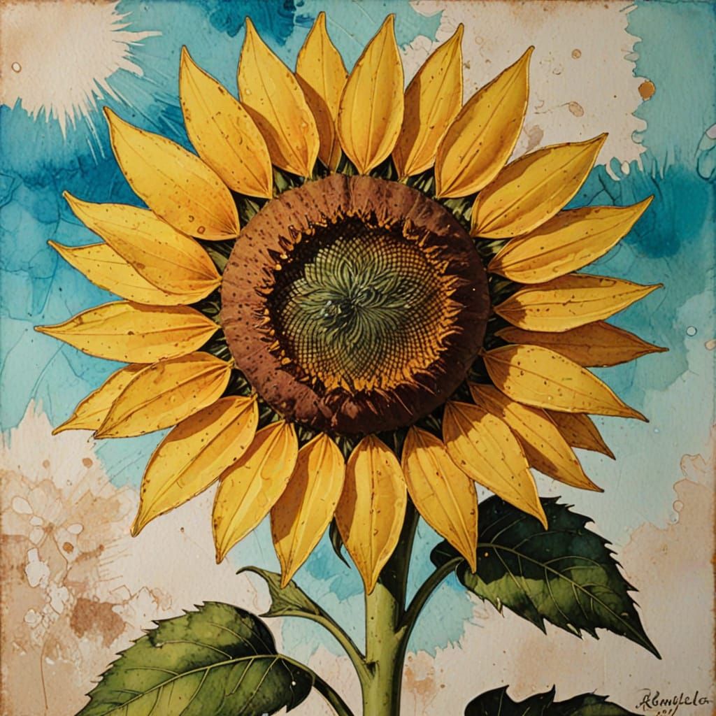 Sunflower, alcohol ink, faience cel-shaded retroism Canalett...